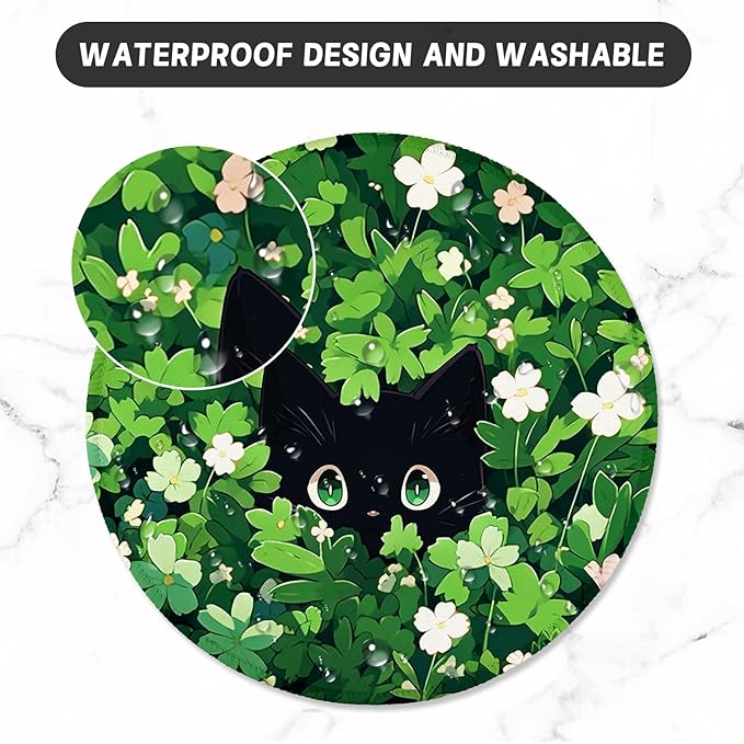 ITNRSIIET Round Mouse Pad with Stitched Edge Premium-Textured Waterproof Non-Slip Rubber Base Desktop Protection Mat Diameter 8.7 inches, Green Leave Cat
