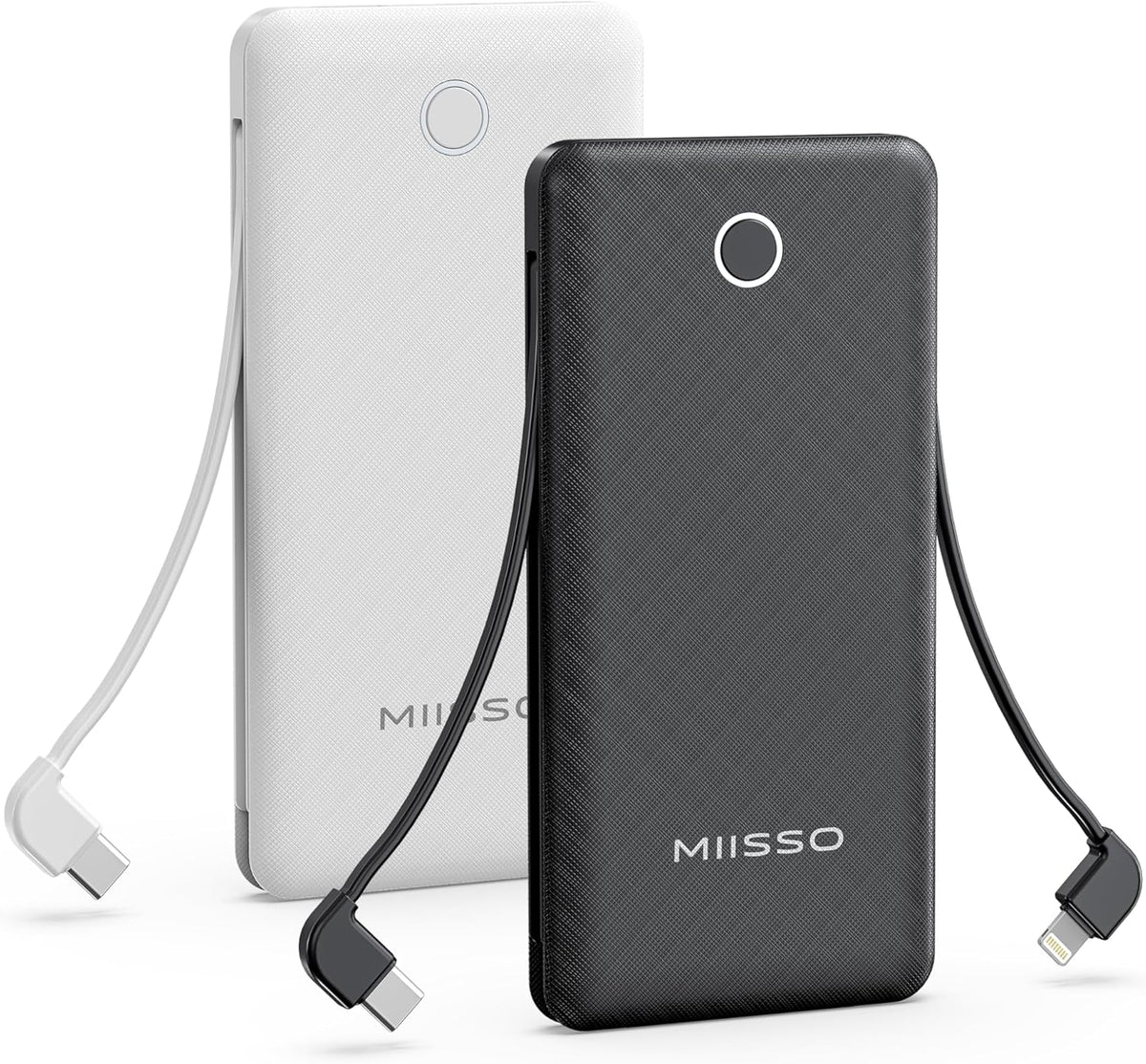 10000mAh Slim Portable Charger with Built in Cable, Power Bank Travel Charger External Battery Pack for Phone, 4 Output USB Type C Cord Clutch Charger Compatible with iPhone, 2 Pack Black & White