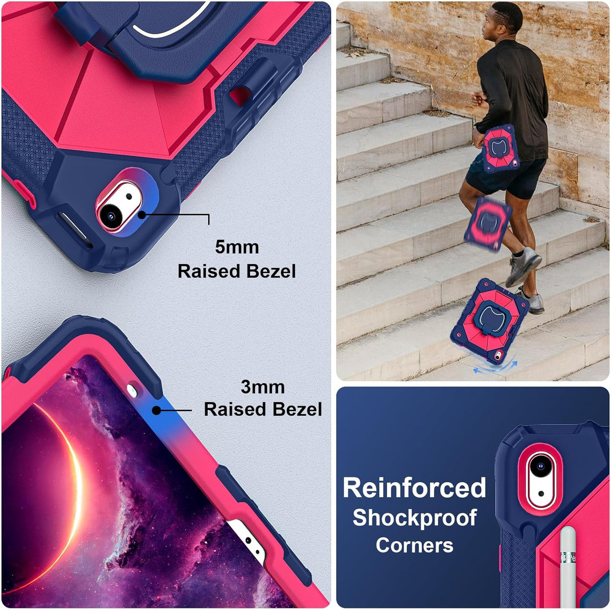 Case for iPad (A16) 11th Generation 11 Inch (2025) / iPad 10th Generation Case 10.9 Inch (2022) with 360° Rotating Stand Screen Protector Pen Holder Shoulder Strap, Navy Pink