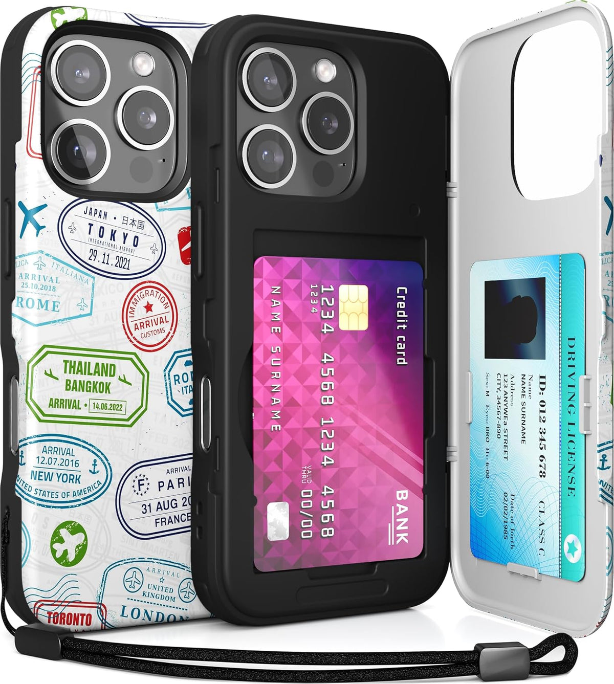 TORU CX Slim for iPhone 16 Pro Case Wallet | Protective Shockproof Heavy Duty Cover with Hidden Card Holder & Card Slot | Mirror & Wrist Strap Included - Travel Stamps