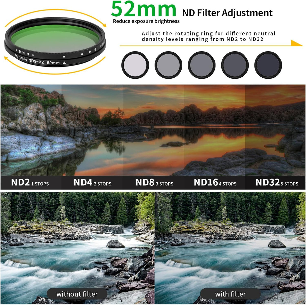 52MM Variable ND2-32 Filter for Phone, Multi-Coating Clip-On Variable Neutral Density Lens Kit, Compatible with iPhone 16/15/14/13 Pro Max, Samsung Galaxy, Google Pixel and Other Smartphone