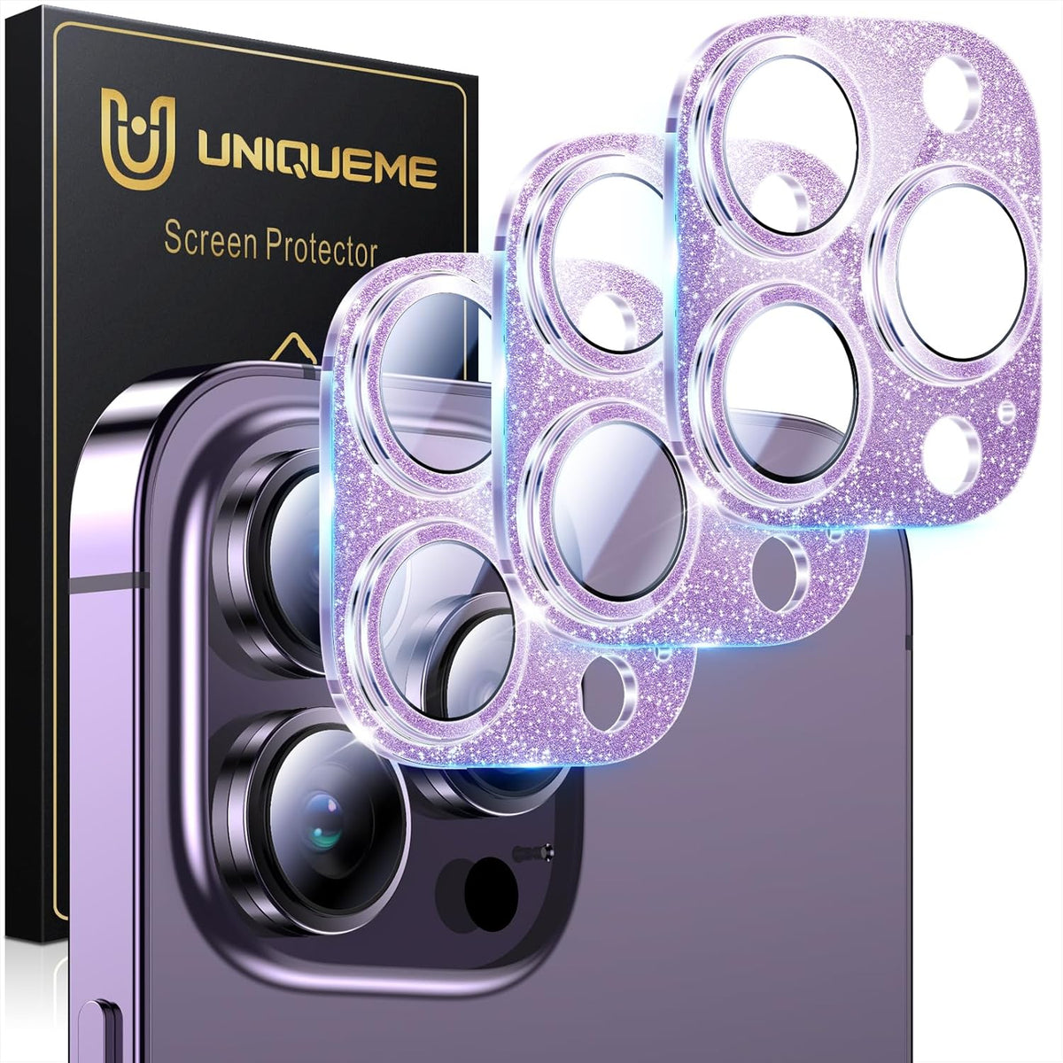 UniqueMe 3 Packs Compatible for iPhone 14 Pro Max/iPhone 14 Pro Camera Lens Protector Acrylic [Not Glass],[Case Friendly][Scratch-Resistant][Night Shooting Mode]-Glitter Purple