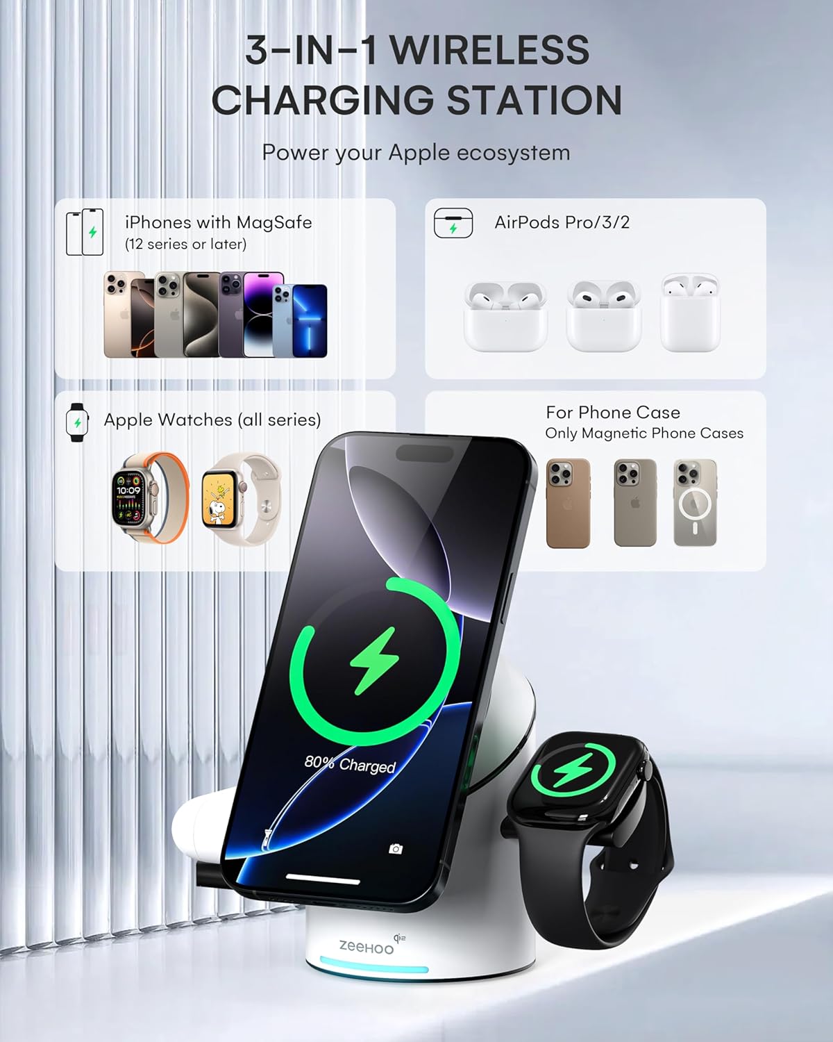 ZEEHOO 3 in 1 Charging Station for Apple Devices, Mag-Safe Charger Stand, Qi2 15W Auto-Rotating Wireless Charger for iPhone 16/15/14/13/12 Series& AirPods& iWatch(White)