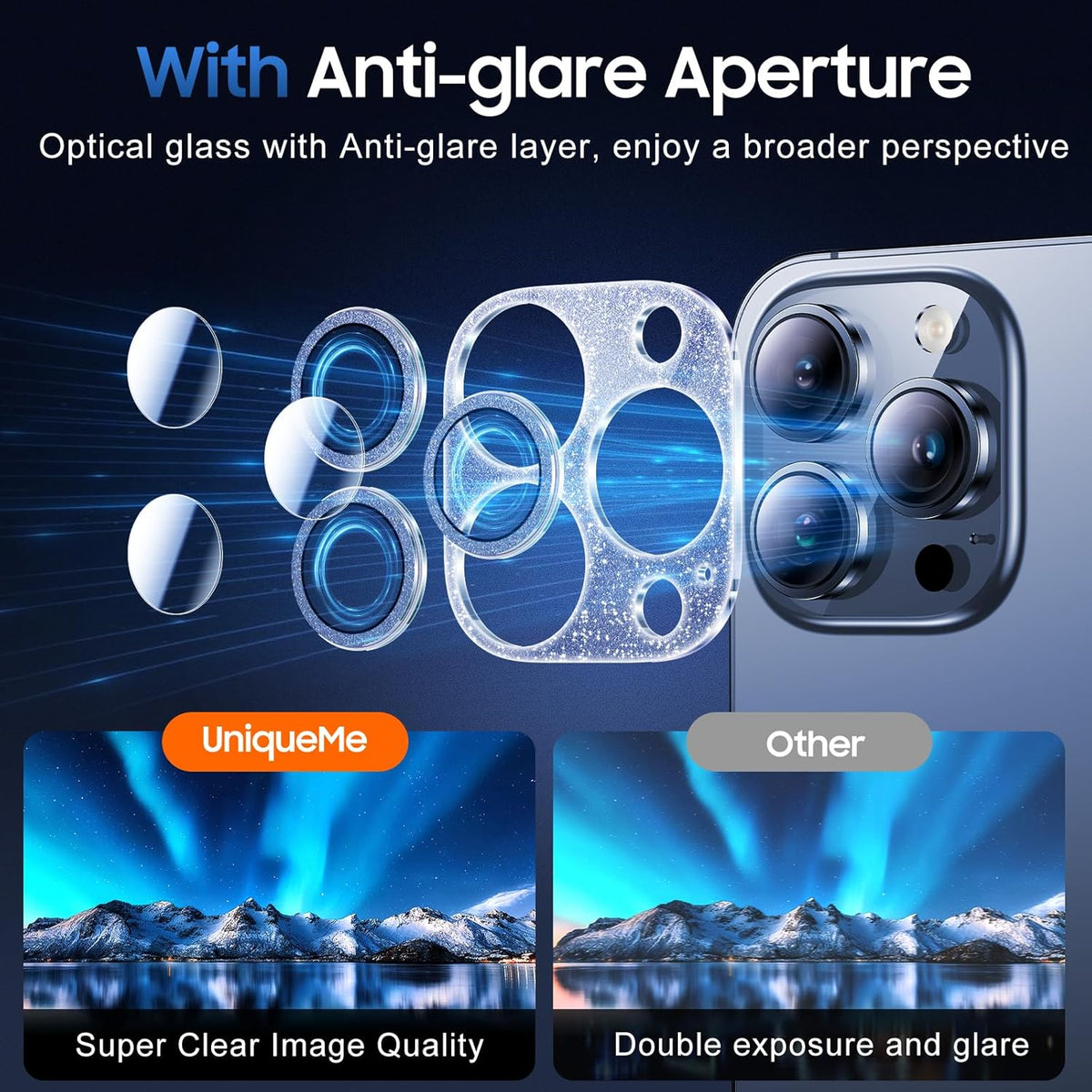 UniqueMe 3 Packs Compatible for iPhone 13 Pro Max/iPhone 13 Pro Camera Lens Protector Acrylic [Not Glass],[Case Friendly][Scratch-Resistant][Night Shooting Mode]-Glitter Blue