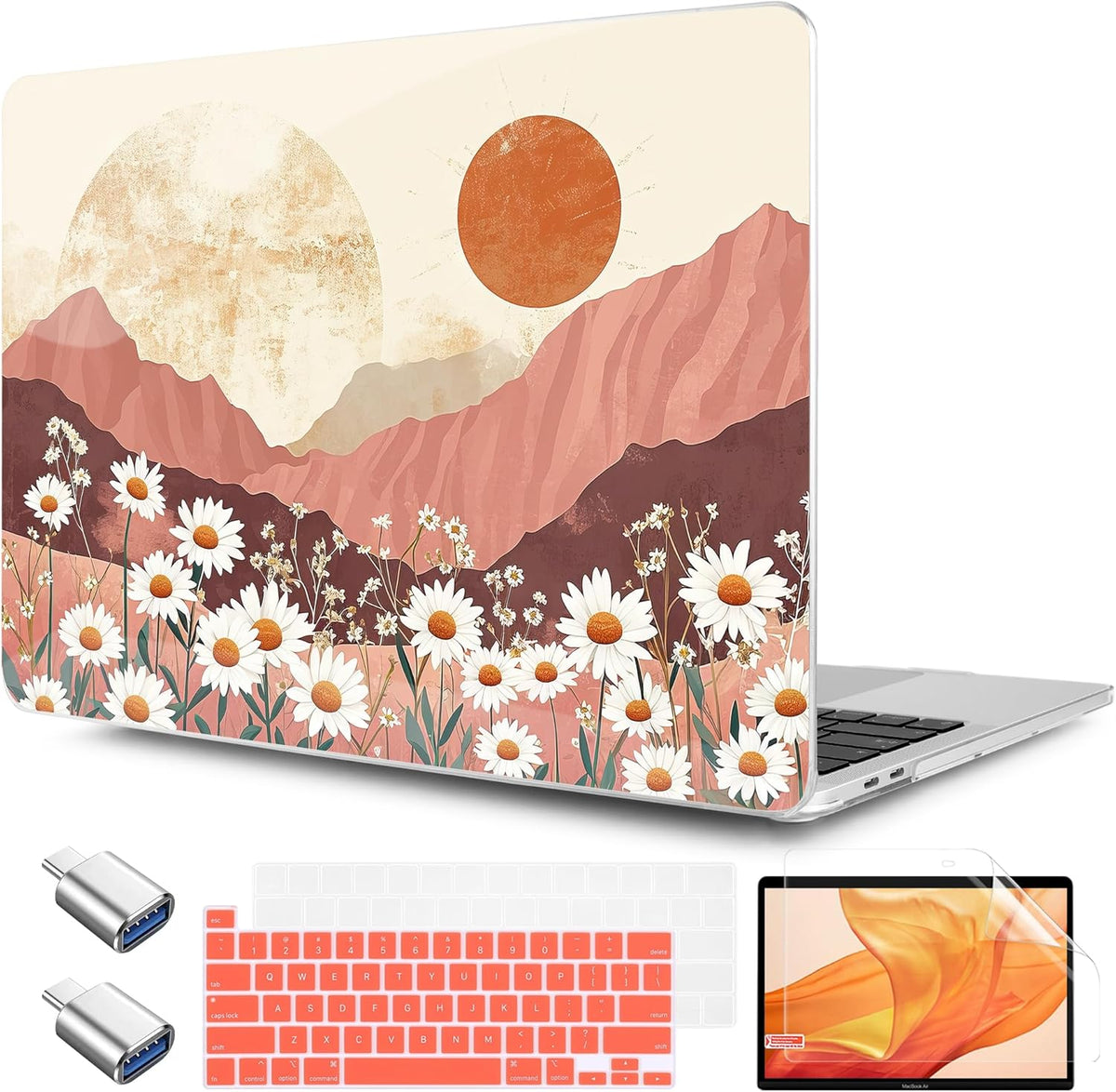 TWOLSKOO Compatible with MacBook Pro 13 inch Case 2023-2016 A2338 M2/M1 A2251 A2289 A2159 A1989 A1706, Plastic Hard Shell Cover & Keyboard Skin & Screen Protector, Mountains & Daisies