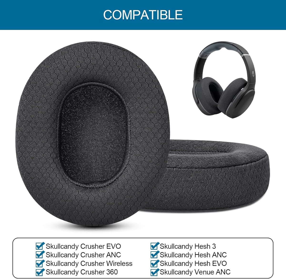 GEVO Ear Pads Replacement for Skullcandy Hesh 3 Hesh EVO Hesh ANC Headphone, Earpads Cushions for Crusher Wireless Crusher Evo Crusher ANC Headset with Memory Foam (Mesh)
