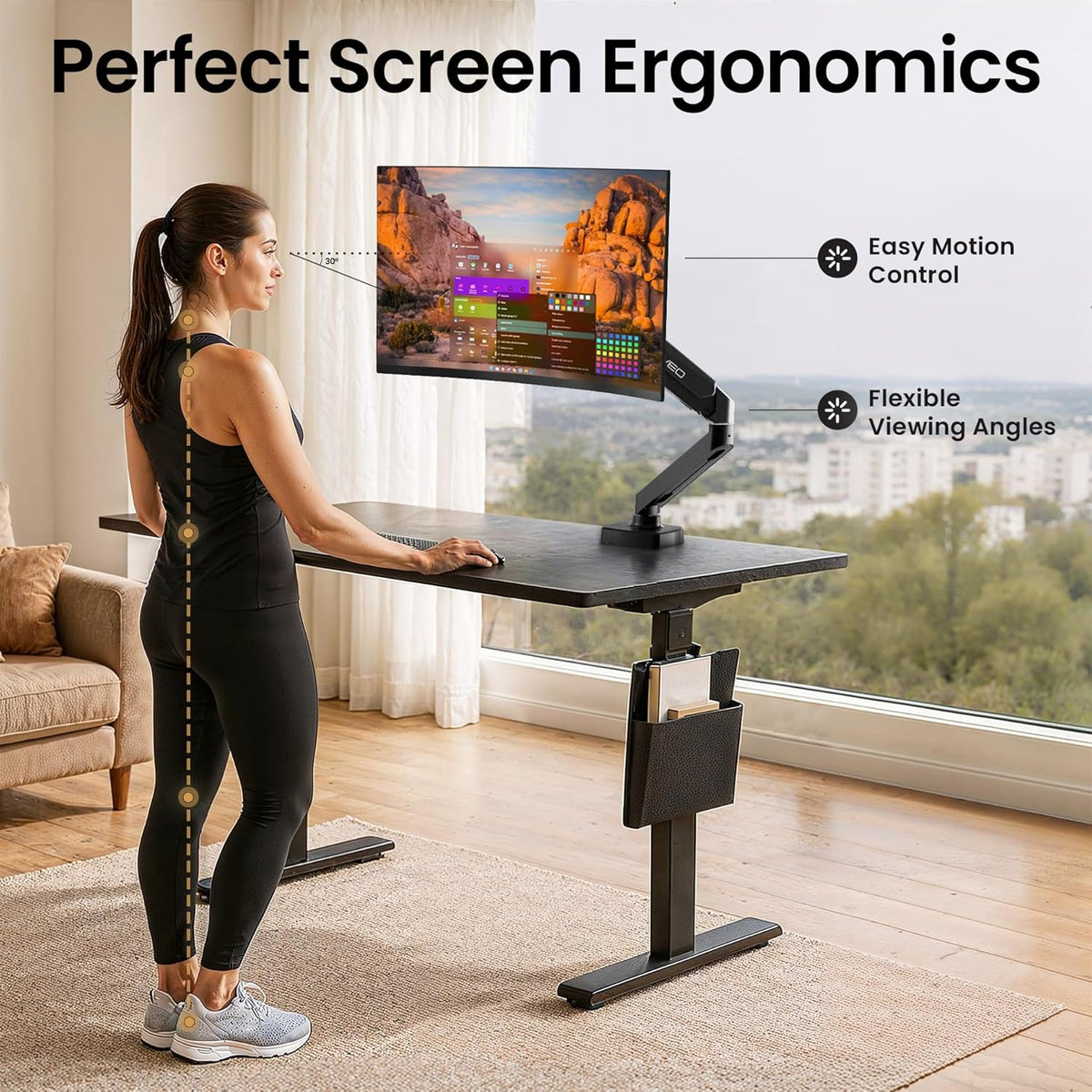 EVEO Premium Single Monitor Arm 14"–34", Adjustable Gas Spring Monitor Mount, Single Arm Desk Mount for 34 Inch Computer Screens, VESA Compatible Stand with Clamp and Grommet Base – Black