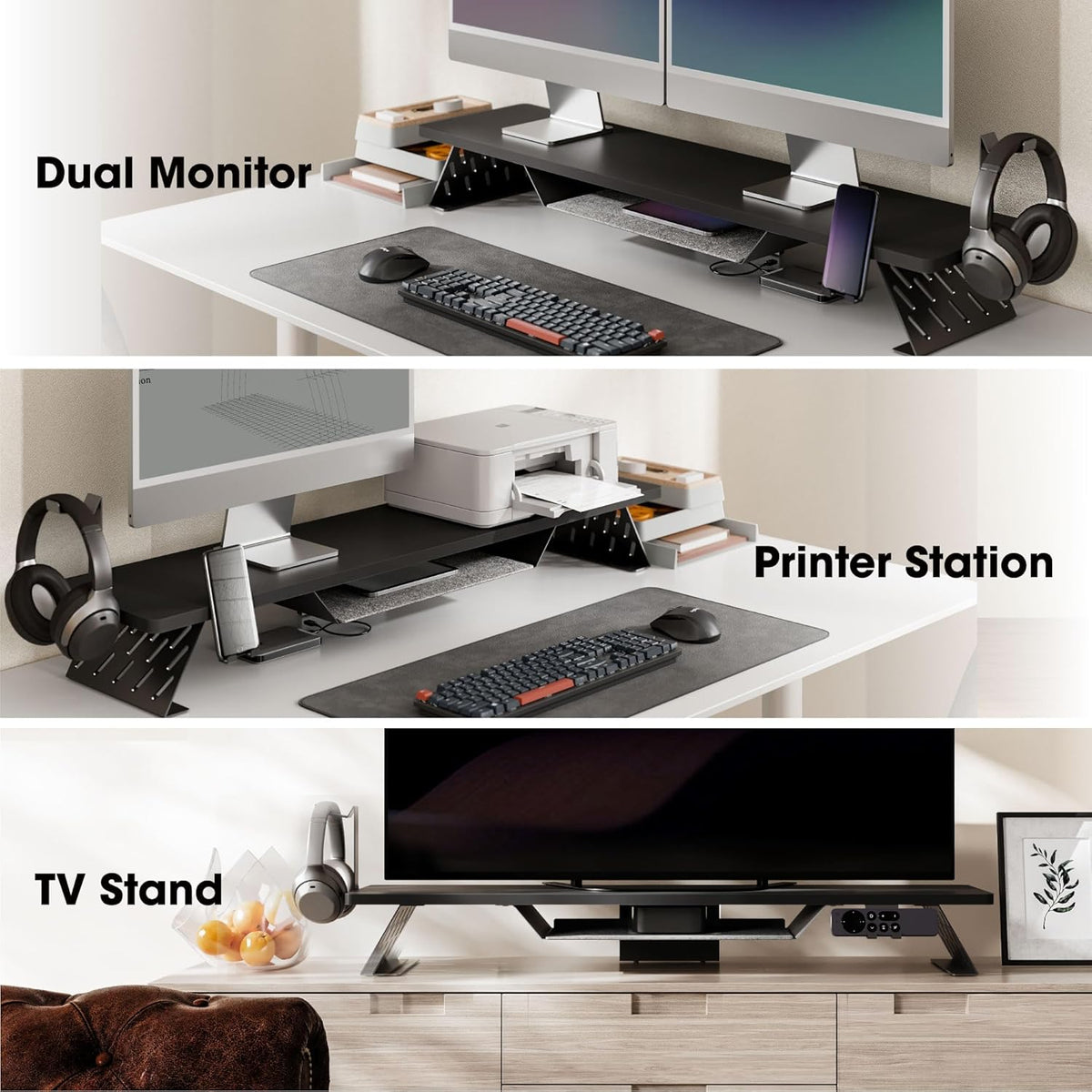 Fenge Dual Monitor Stand, 42.5 Inch Monitor Riser for Desk, Wood Desk Shelf for 2 Monitors, 2 Tier Monitor Shelf with Headphone Stand & Phone Holder