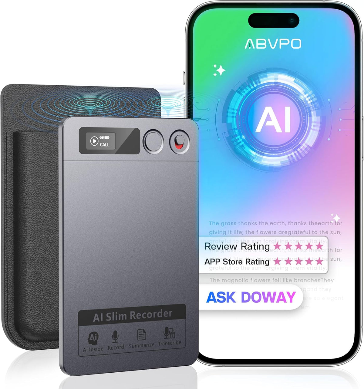 AI Voice Recorder, Note Voice Recorder - Transcribe & Summarize, AI Noise Cancellation Technology, Supports 152 Languages, 64GB Memory APP Control Audio Recorder for Lectures, Meetings, Calls, Gray