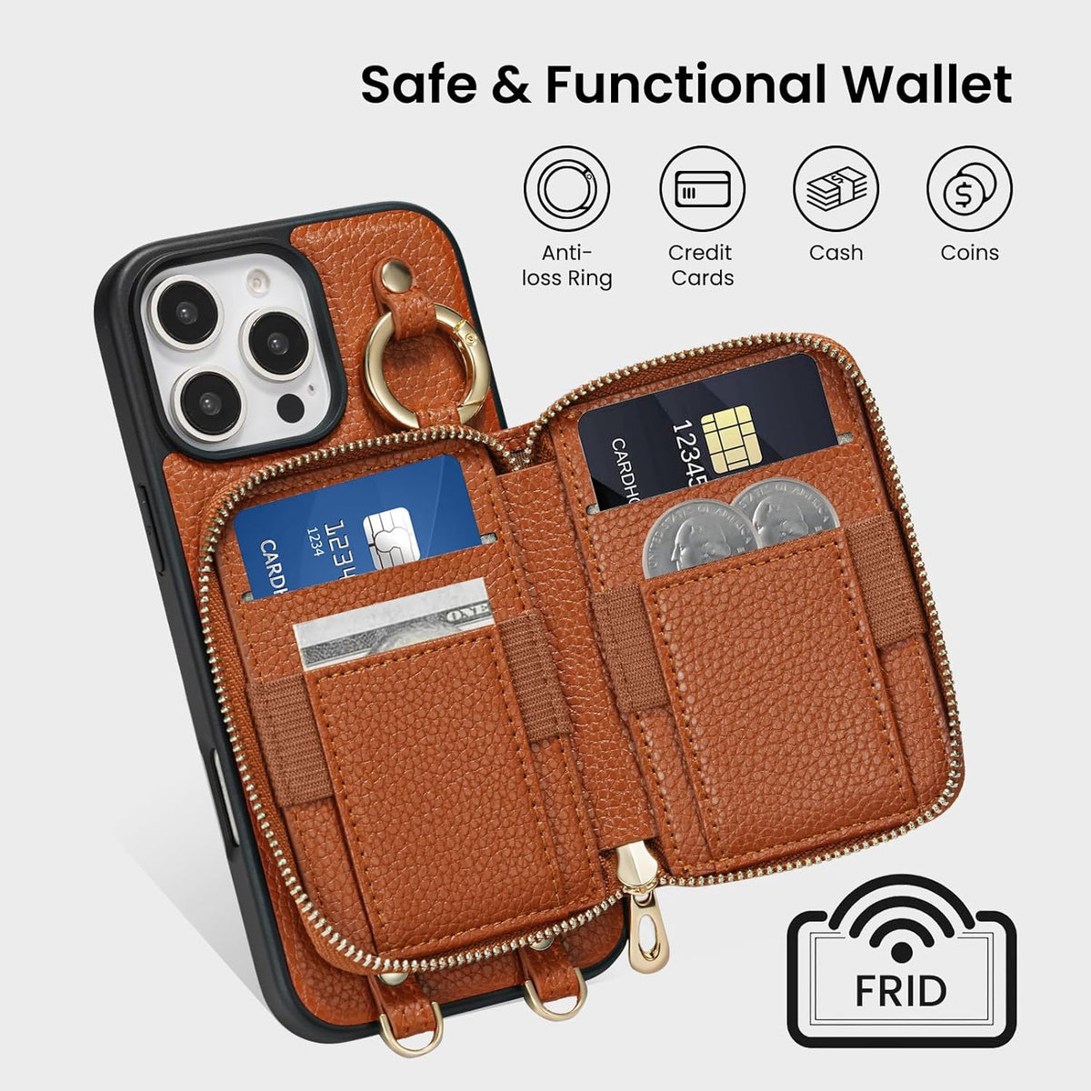 ORNARTO Magnetic Detachable Wallet Case for iPhone 16 Pro, [Compatible with MagSafe], Crossbody Wallet Case with Card Holder Wrist Strap, RFID Blocking PU Leather Wallet Phone Cover 6.3", Brown