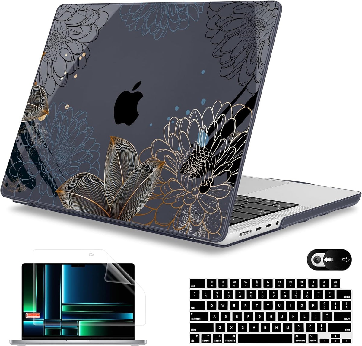 Mektron Case for MacBook Pro 16" M4 A3403 A3186 M3 A2991 M2 A2780 M1 A2485 (2021/2023/2024) Pro/Max with Touch ID, Hard Shell Plastic Laptop Cover Keyboard Cover Screen Protector, Line Chrysanthemums