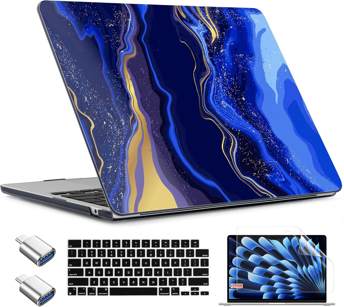 TWOLSKOO Compatible with M4 MacBook Air 13.6 inch Case 2025-2022 Release M4 A3240 M3 A3113 M2 A2681, Plastic Hard Shell & Keyboard Cover & Type C Adapter & Screen Protector, Abstract Marble