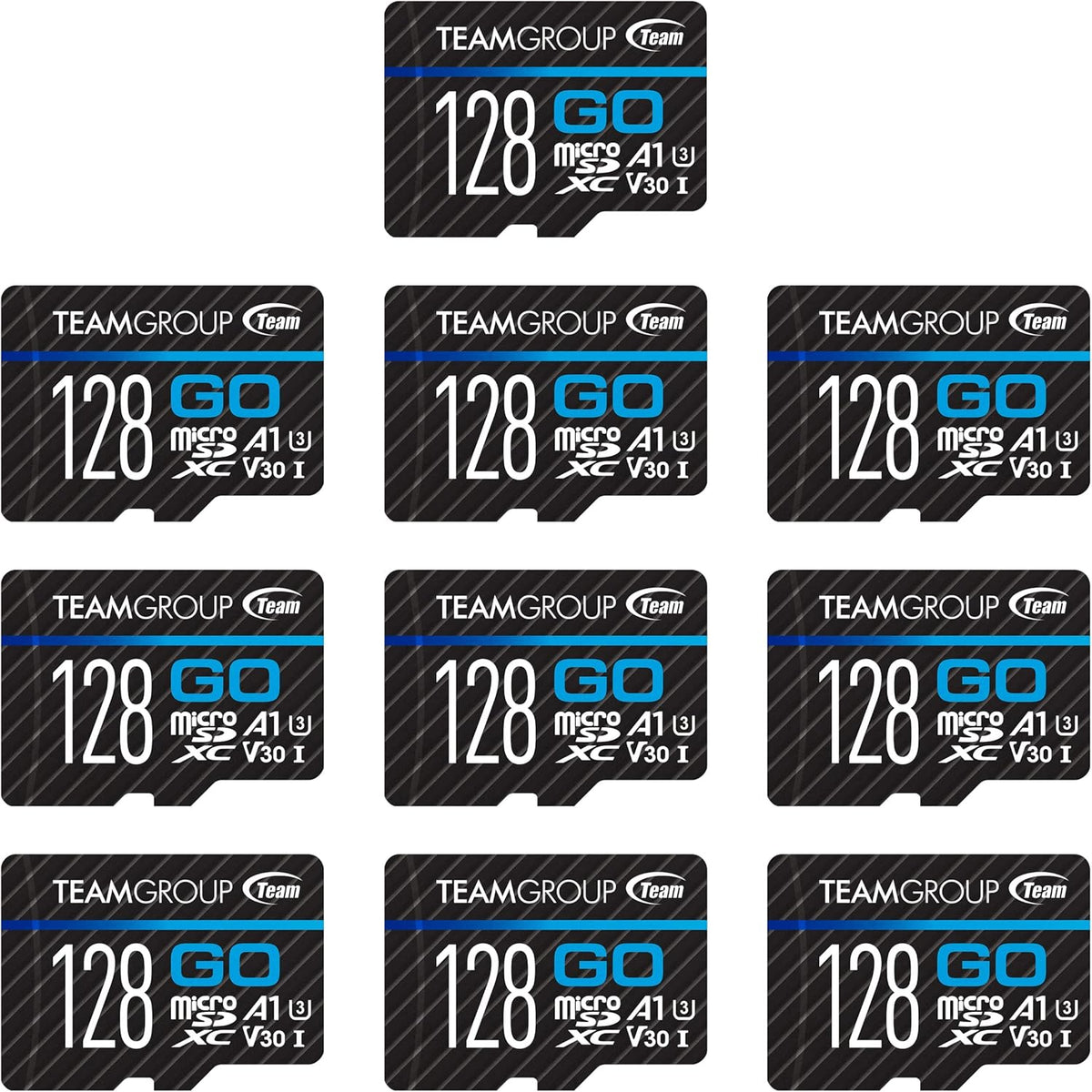 TEAMGROUP GO Card 128GB 10 Pack Micro SDXC UHS-I U3 V30 4K for GoPro & Drone & Action Cameras High Speed Flash Memory Card with Adapter for Outdoor Sports, 4K Shooting, Nintendo-Switch TGUSDX128GU366