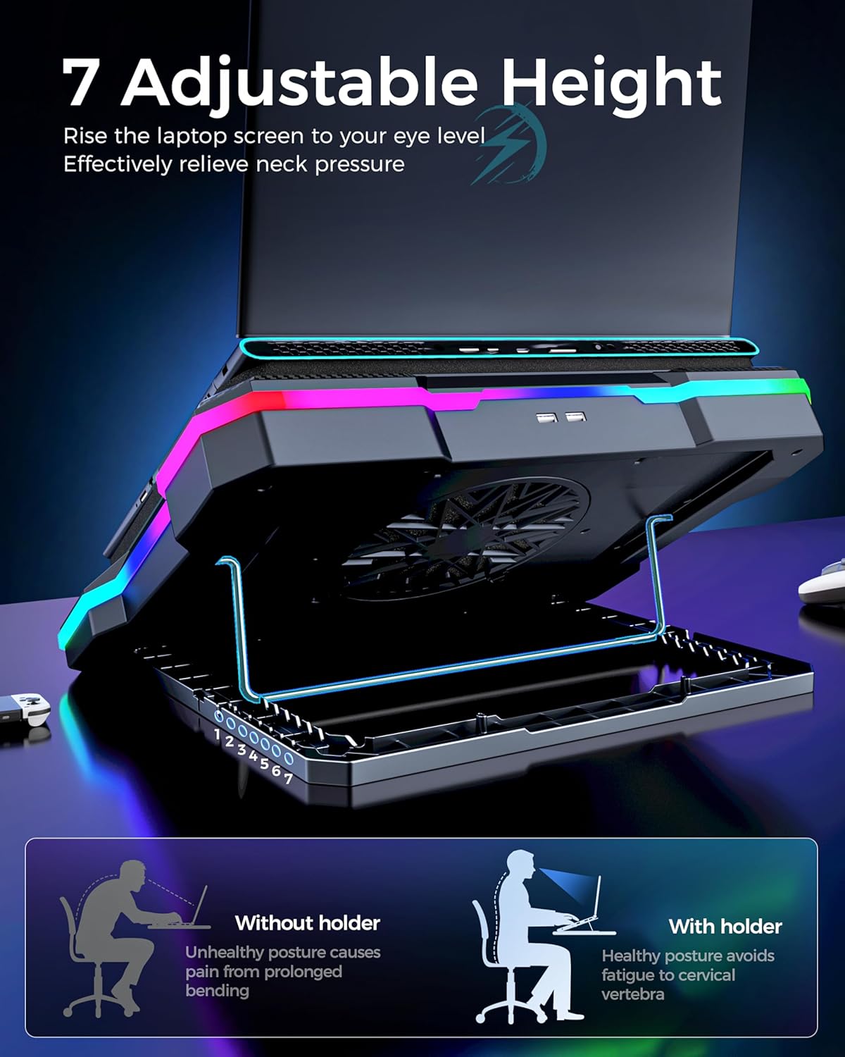 AICHESON Gaming Laptop Cooling Pad with Full RGB Lights, Powerful Cooler Fan Stand for 15-19 inch Gamer Heavy Duty Laptops and PC Computers