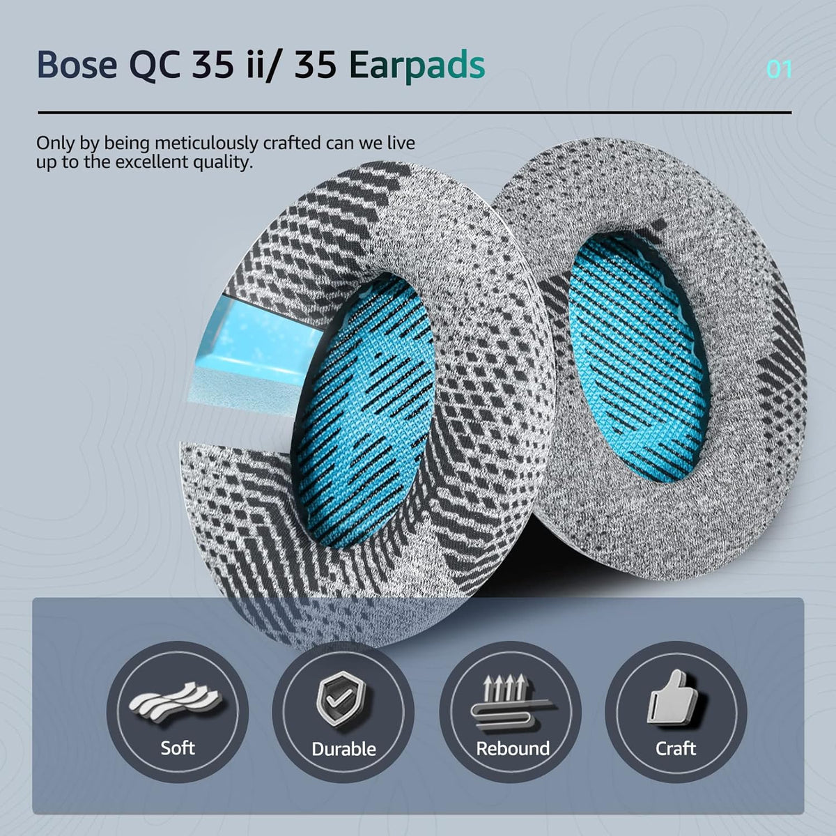 Cooling-Gel QuietComfort 35 / QC35 ii Fabric Replacement Ear Pads for Bose Headphones, Compatible with Bose QC45 QC25 QC2 QC15/ Around-Ear 2 AE2i AE2w/ SoundTrue & SoundLink Series, Blue