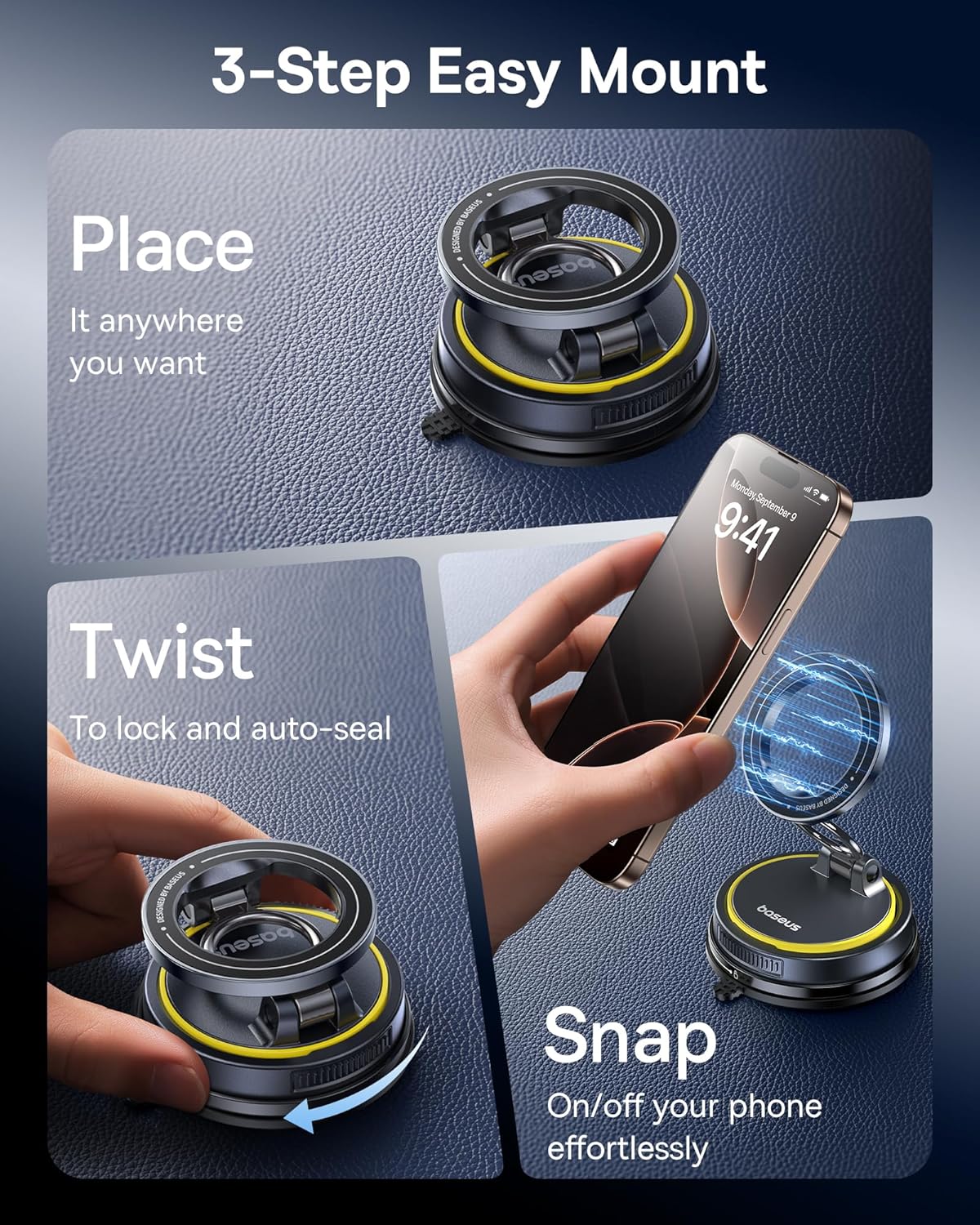 Baseus for Magsafe Car Mount, Vacuum 119LBS Magnetic Suction Cup Phone Holder for Car, 720° Adjustable Foldable Cell Phone Holder with Reusable Washable Gel for Car & for iPhone 16 15 14 13 Pro Max