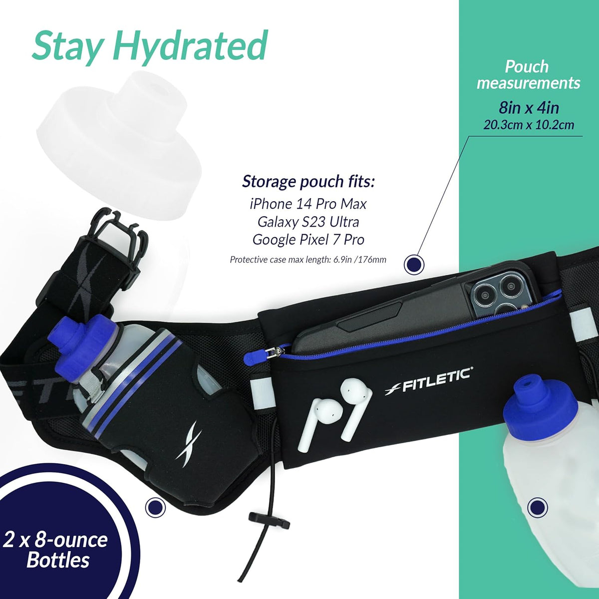 Fitletic Hydration Running Belt with Water Bottles for Men & Women – 2 Quick Flow 8oz Running Water Bottles, Patented Bounce Free Design, Water Resistant Pouch Fits All Phones – Hydra 16