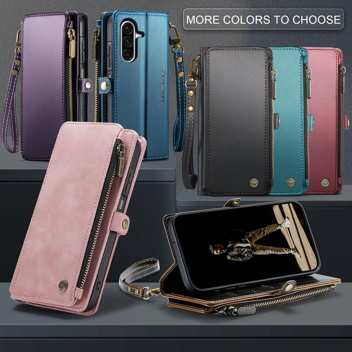 Defencase for Galaxy A26 5G Case Wallet with RFID Blocking Card Holder for Women Men, Fashion PU Leather Magnetic Snap Flip Zipper Wrist Strap Wallet Phone Case for Samsung Galaxy A26 5G, Rose Pink