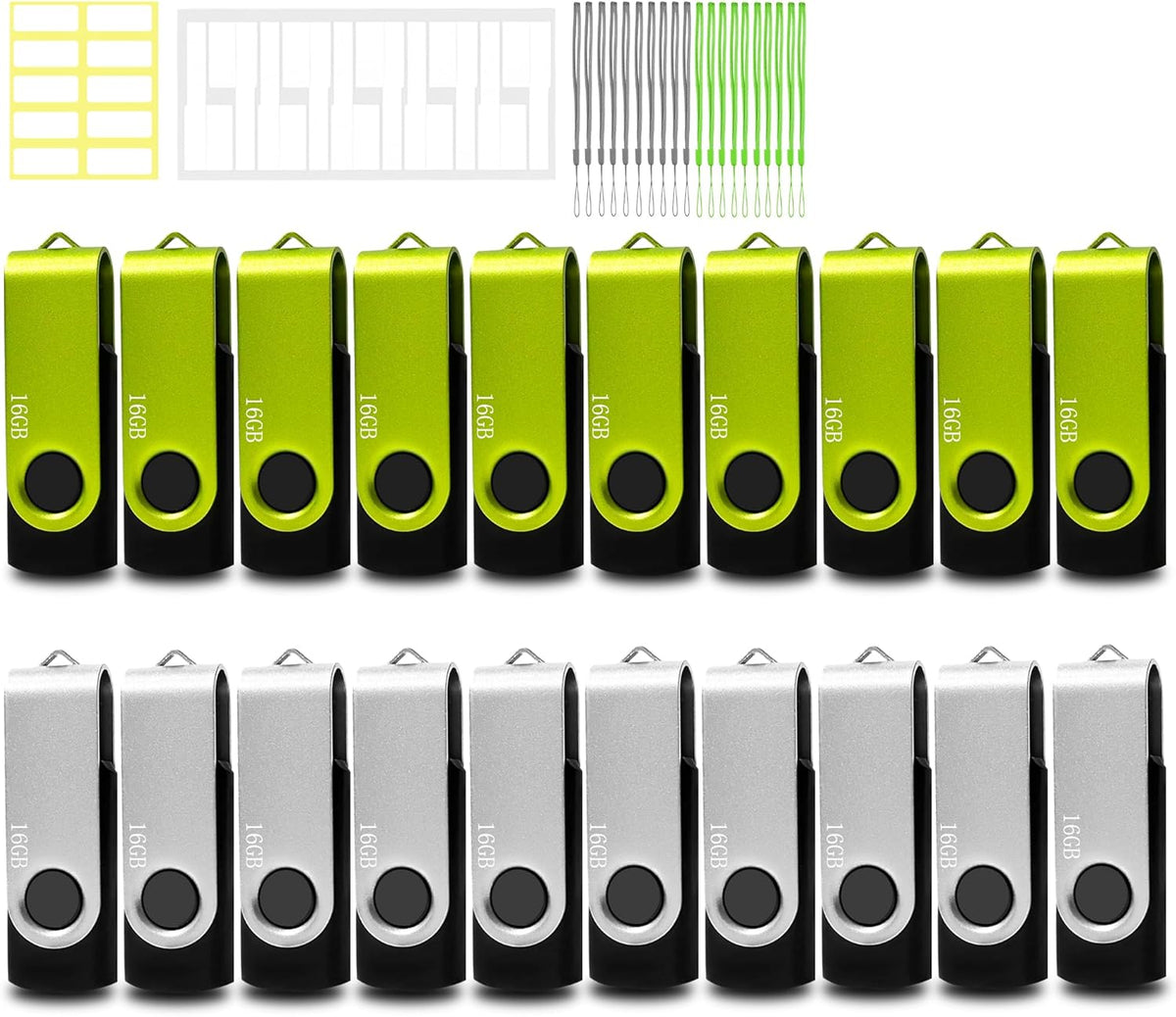 Thumb Drive 16GB FAT32 USB Flash Drives 20 Pack 16 GB USB 2.0 Jump Drives Multipack Flash Memory Stick Zip Drive Pendrive 20Pack with 20PCS Lanyards Label (Green Sliver 16gig)