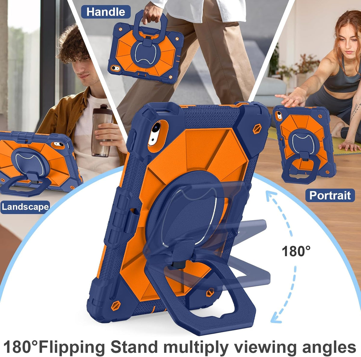Case for iPad (A16) 11th Generation 11 Inch (2025) / iPad 10th Generation Case 10.9 Inch (2022) with 360° Rotating Stand Screen Protector Pen Holder Shoulder Strap, Navy Orange