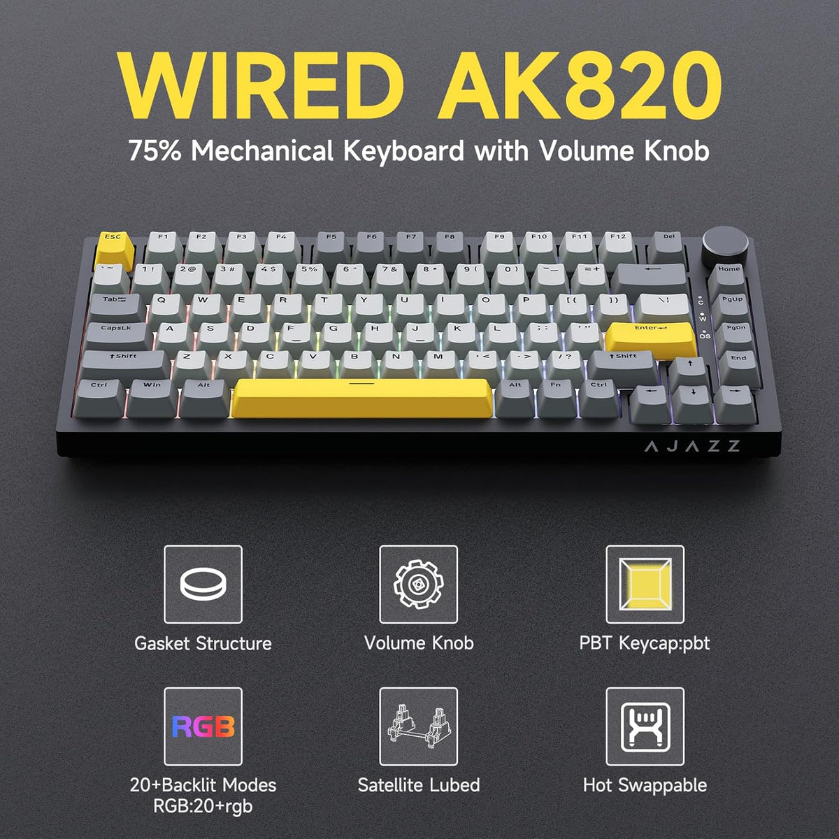 Ajazz AK820 75% Wired Gasket Mechanical Gaming Keyboard with Volume Knob - South Facing LED - PBT Keycaps - Programmable RGB Hot Swap Keyboard
