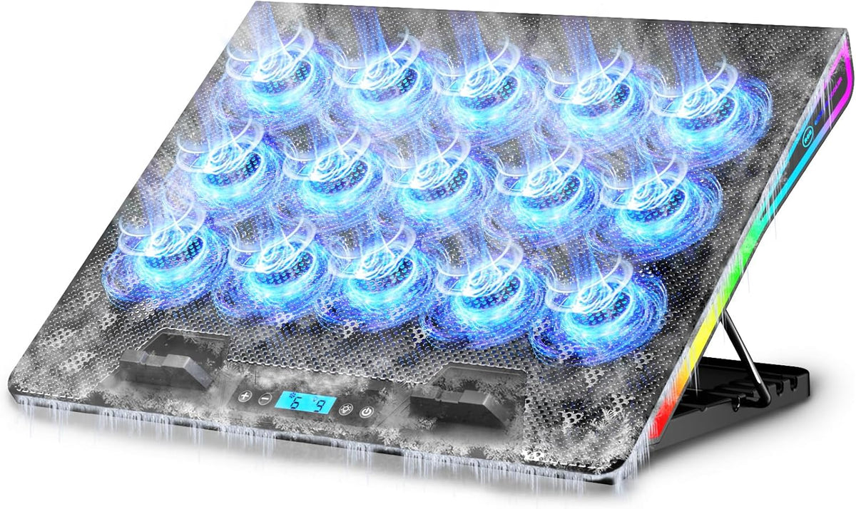 AICHESON Gaming Laptop Cooling Pad with 15 Cooler Fans, RGB Ultimate Computer Stand Base with Silent Fans for 15-18 Inch Laptops, Blue LED Lights