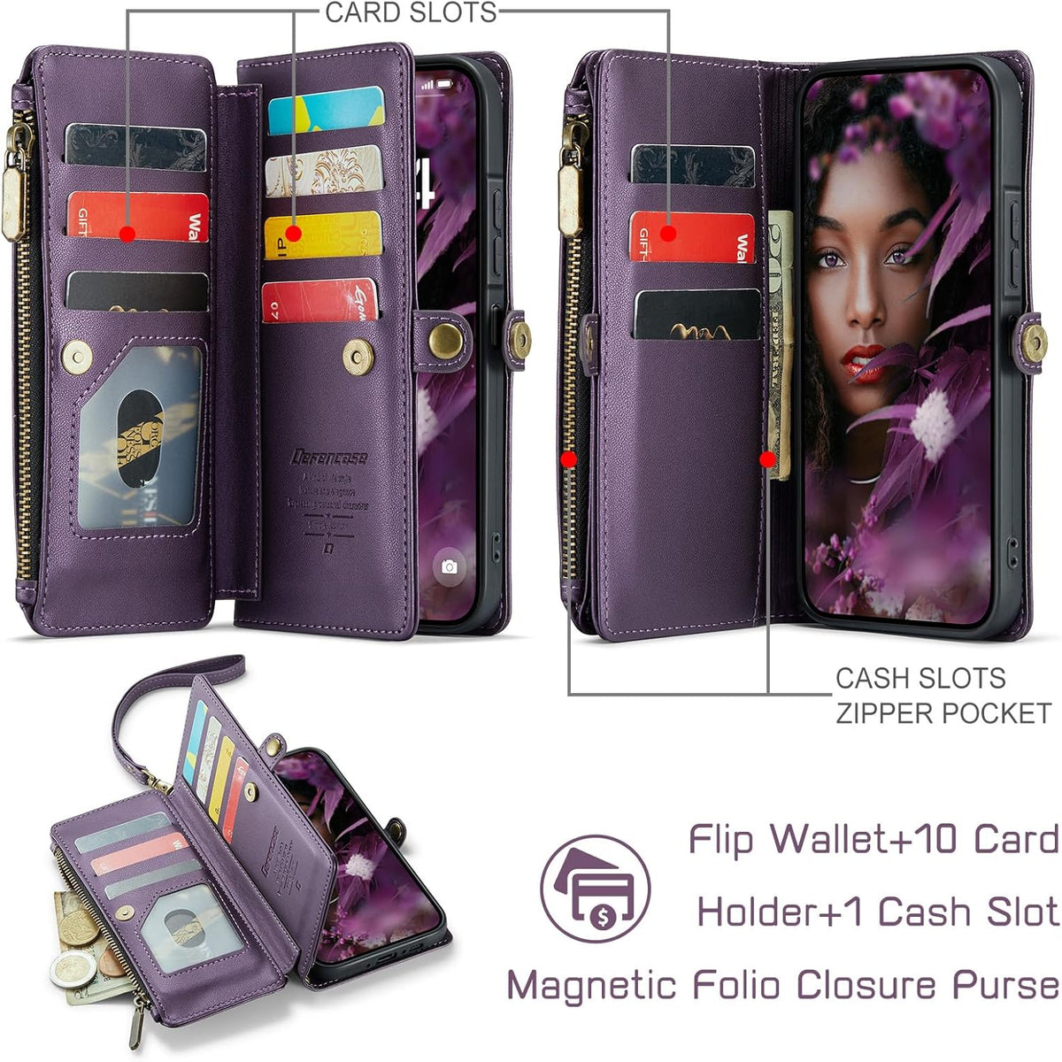 Defencase for Galaxy A26 5G Case Wallet with RFID Blocking Card Holder for Women Men, Fashion PU Leather Magnetic Snap Flip Zipper Wrist Strap Wallet Phone Case for Samsung Galaxy A26 5G, Purple