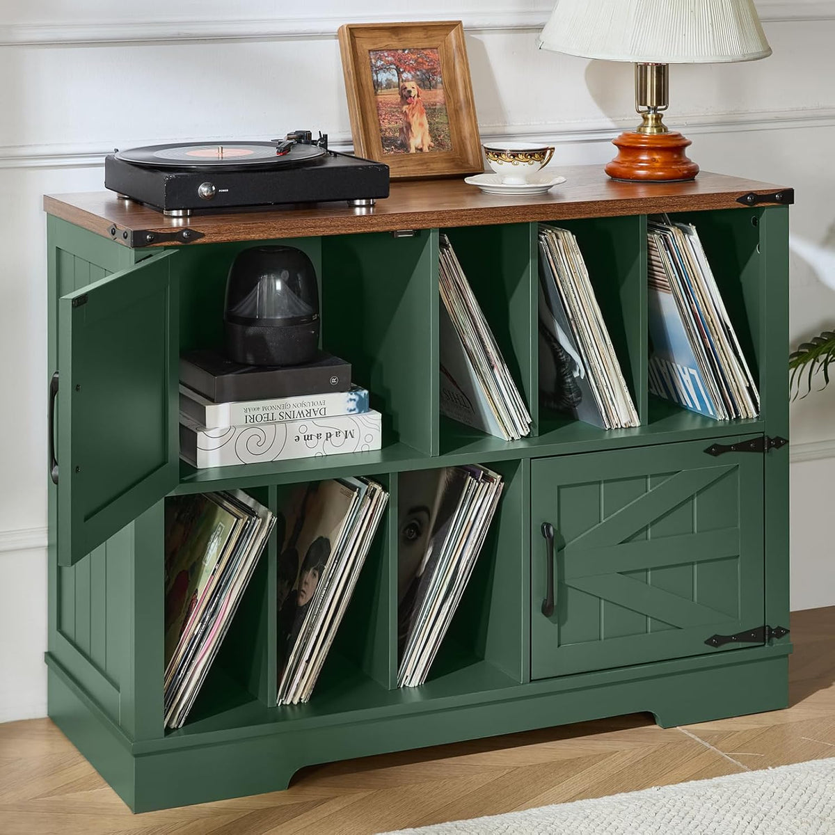 Large Record Player Stand with Vinyl Storage Up to 450 Albums, 39 Inch Farmhouse Wood Green Vinyl Records Storage Cabinet with Barn Doors, Mid-Century Accent Turntable Stand for Living Room