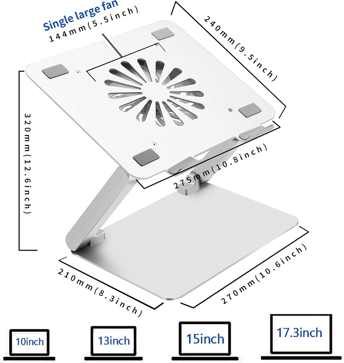 SOUNDANCE Laptop Cooling Pad with Low-Noise Fan and 3.0 USB Hubs, Ventilated Laptop Cooler Prevent Overheating, Ergonomic Laptop Stand Support Up to 17” Gaming Notebook Computer, Aluminum