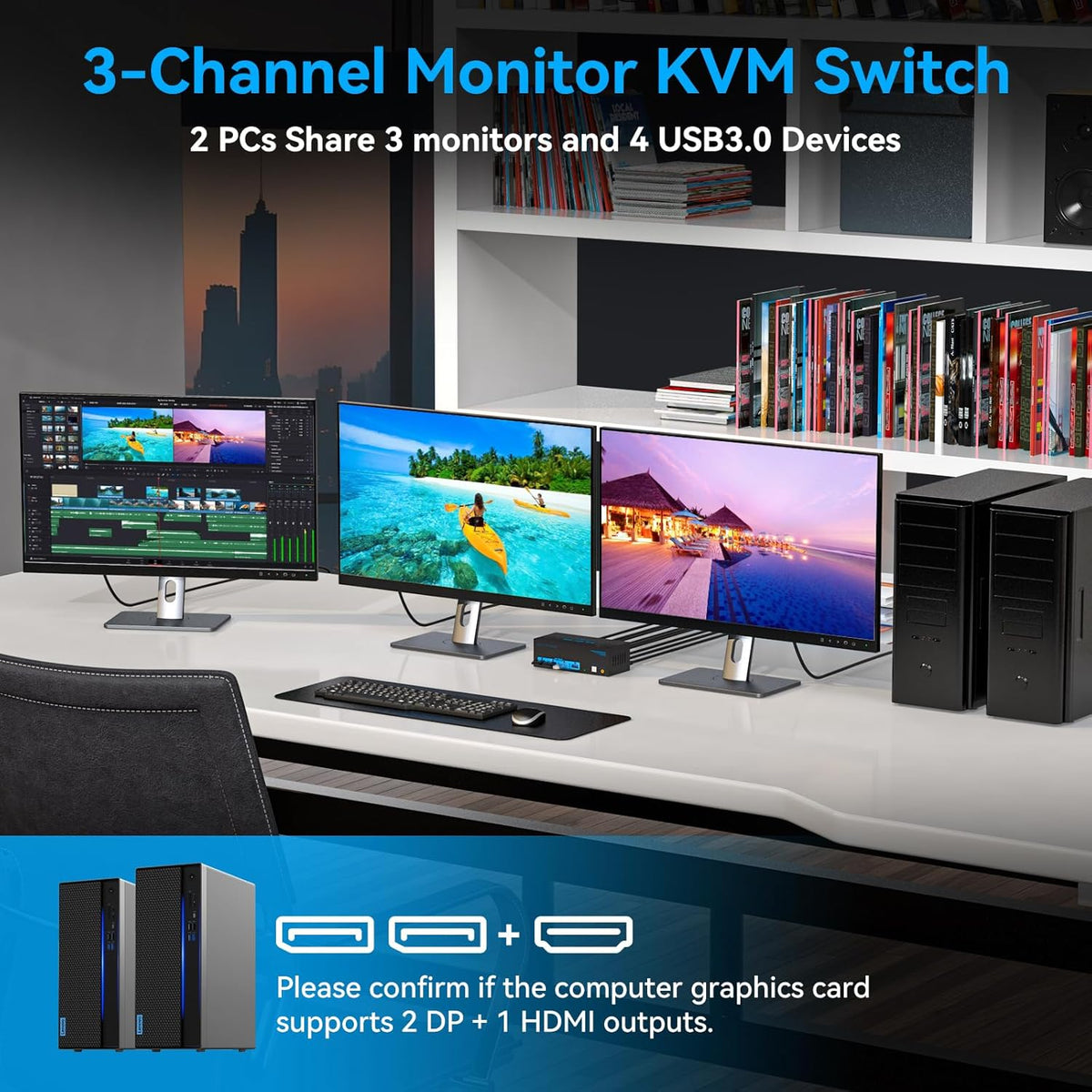 8K@60Hz HDMI Displayport KVM Switch 3 Monitors 2 Computers 4K@120Hz Triple Monitor KVM Switches for 2 PC Share 4 USB 3.0 Ports Support Extended & Copy Mode Desktop Controller 12V Adapter Included