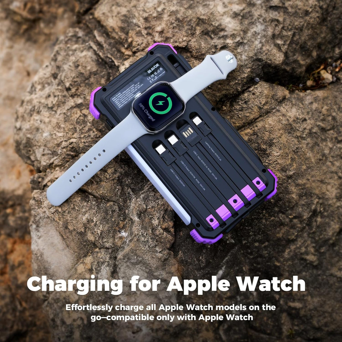 BLAVOR Solar Power Bank 20000mAh/74000mWh Built-in Cables, Wireless Charger for Apple Watch, 20W Fast Charging Battery Pack with USB C, Flashlight, Solar Charger for iPhone, iPad, iWatch, Samsung