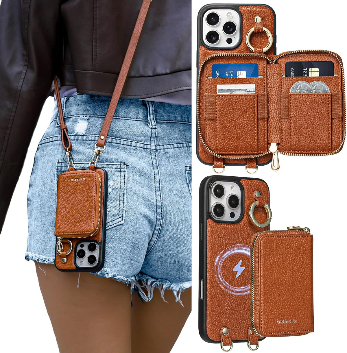 ORNARTO Magnetic Detachable Wallet Case for iPhone 16 Pro, [Compatible with MagSafe], Crossbody Wallet Case with Card Holder Wrist Strap, RFID Blocking PU Leather Wallet Phone Cover 6.3", Brown