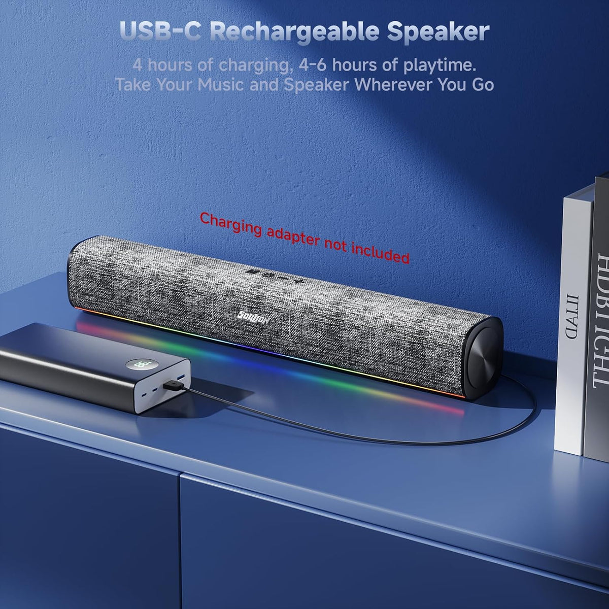 SOULION R100 Plus Computer Speakers with Dynamic RGB Light, Rechargeable Bluetooth Speaker with Switch Button, Clearly Sound Soundbar for Desktop Monitor, PC, Tablets(3.5mm Aux Connection Included)