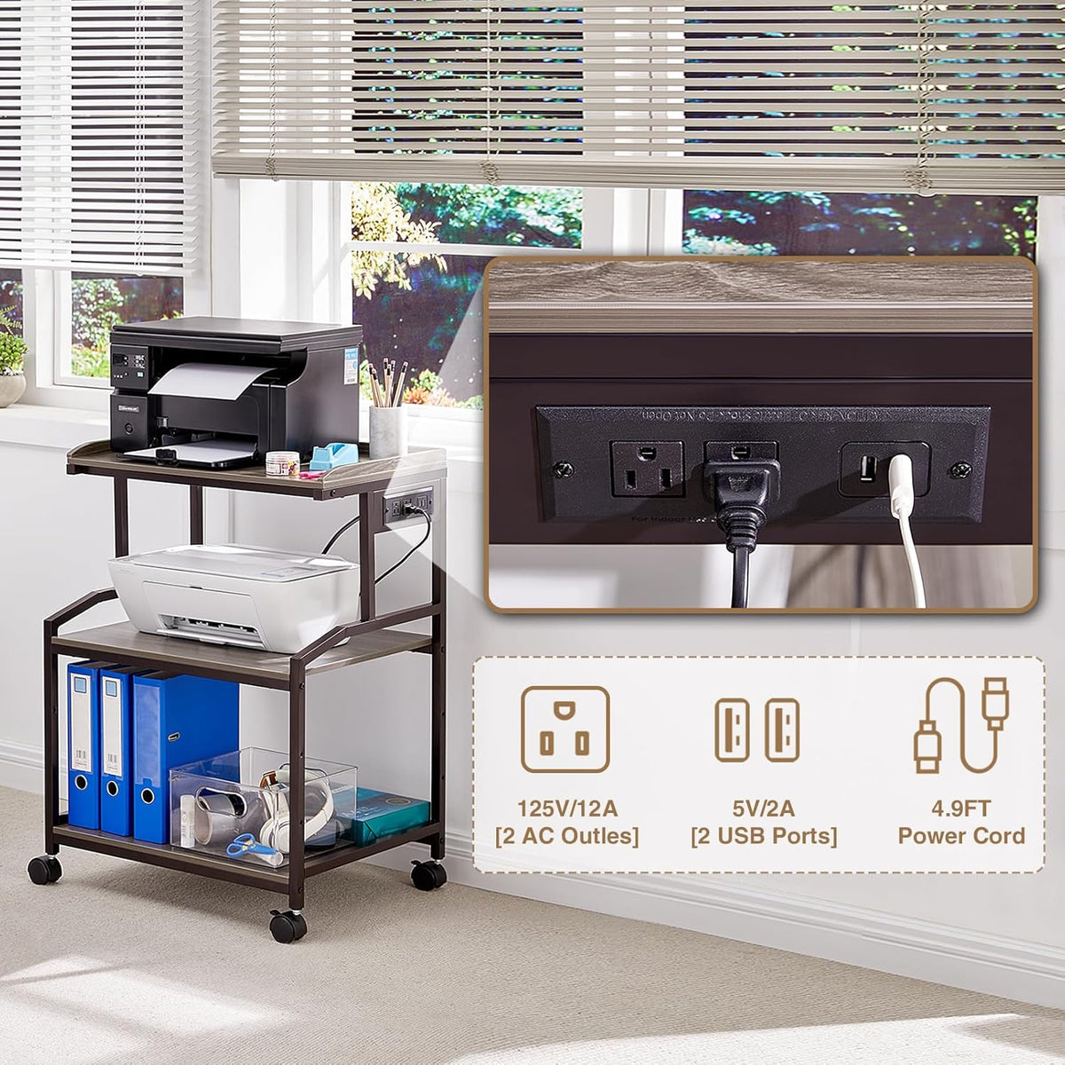 Lauren&Harold 34'' Printer Stand with Power Outlets & USB Ports, 3-Tier Adjustable Rolling Cart, Heavy Duty 150LBS Storage Table with Wheels for Office, Kitchen, Living Room, Grey/Bronze