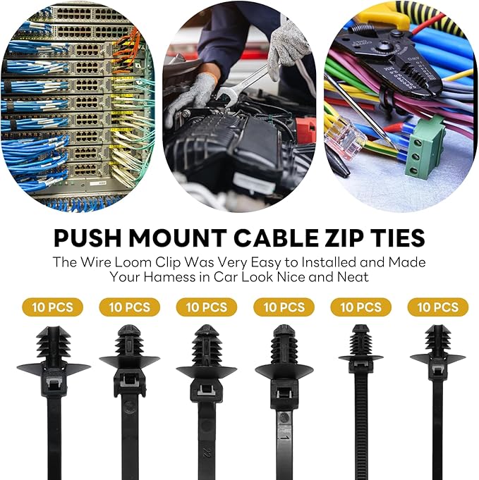 Semrien 60 Pcs Push Mount Cable Ties Assorted Sizes, Black Nylon Push Mount Zip Ties Wire Harness Clips, 6-Types Snap in Zip Ties Self Locking Automotive Wire Ties for Wire Tying, Automotive
