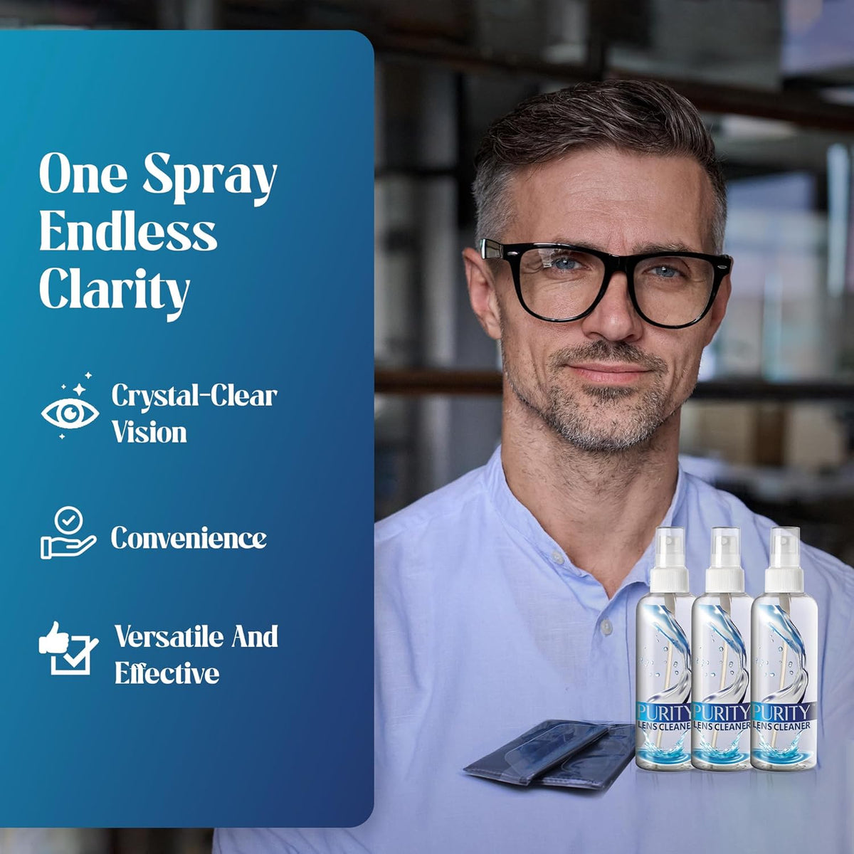 Purity Eyeglass Lens Cleaner Kit - 3 x 1oz Travel Size Lens Cleaner Spray Bottle + 2 Microfiber Cleaning Cloths - Safe for All Lenses (AR Coated Included), Eyeglasses and Screens - Clear