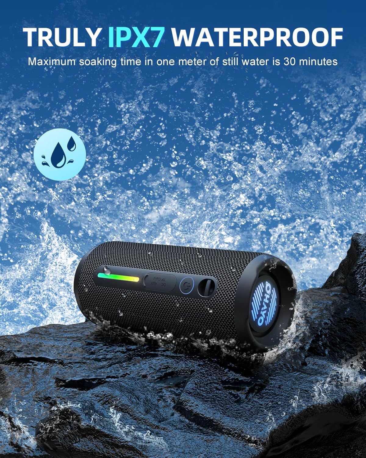 OHAYO Portable Bluetooth Speaker - IPX7 Waterproof, Wireless Stereo Pairing, 25-Hour Playtime, 24W Loud Sound, Bluetooth 5.3, Bass Boost, LED Lights, for Home/Shower/Outdoor/Beach/Travel, Gift Ideas