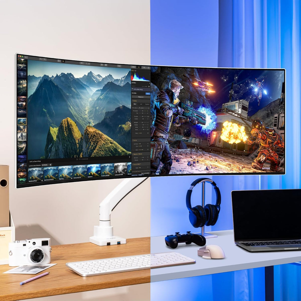 AVLT Single 17"-57" Super Ultrawide Monitor Arm for Screens Up to 59.5 lbs, Premium Aluminum Desk Stand, Adjustable Pneumatic Height, Full Motion Swivel Tilt Rotation, USB-C & USB-A Ports, White