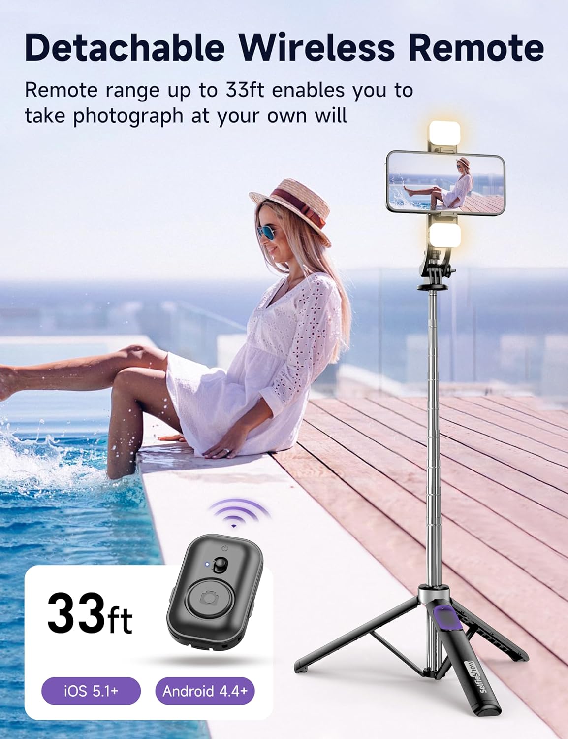 53'' Selfie Stick Tripod with Light, Extendable Selfie Stick with Remote, Portable Cell Phone Tripod Stand with All in 1 Phone Clip, Lightweight Camera Tripod Compatible with iPhone 15 14 13, Android