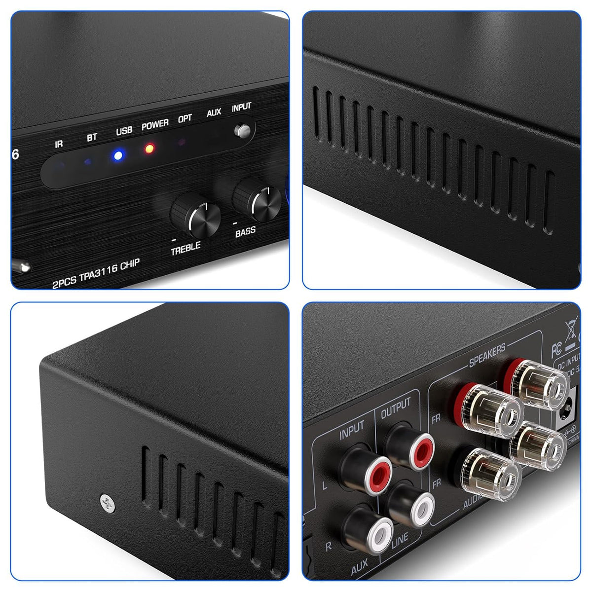 Facmogu AK-3116 HiFi Digital Amplifier, Bluetooth 5.3 200W Dual TPA3116 2 Channel 2x100W Class D Stereo Receiver w/RCA, USB, Optical, FM, Mini Amp Audio System for Home, Outdoor, w/ 24V Power Supply