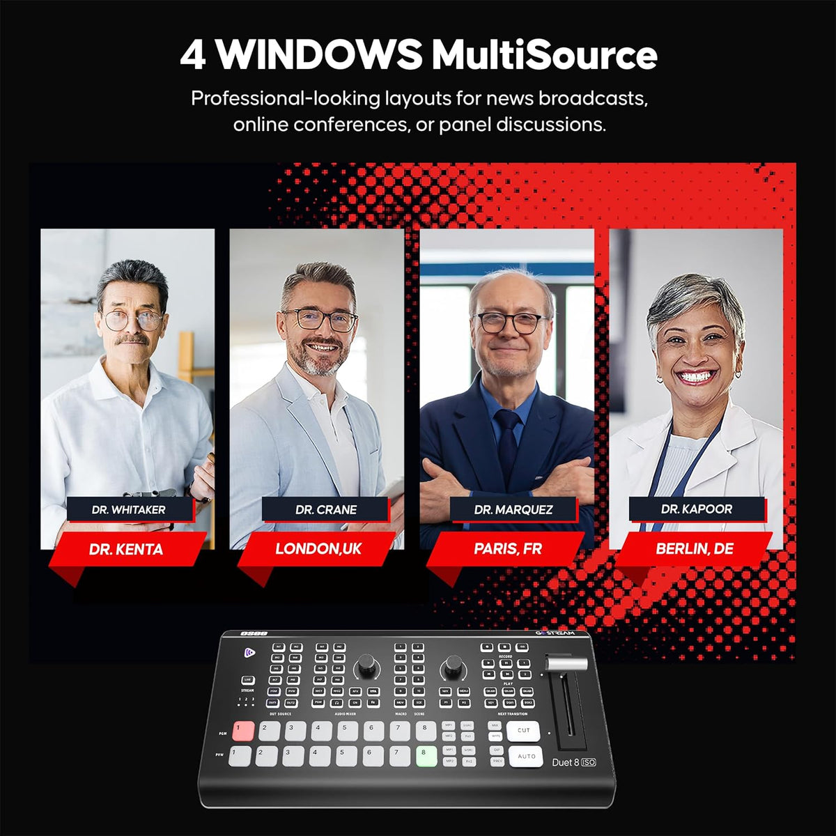 Osee GoStream Duet 8 ISO, 8 Channels Video Switcher with 4 4K-HDMI, 4 SDI, and 4 NDI HX/ 4 SRT/ 4 RTMP/ 2 Webcam. 2 XLR Audio, 8 Layouts, Isolated Recording, Podcast Unit for YouTube, Facebook