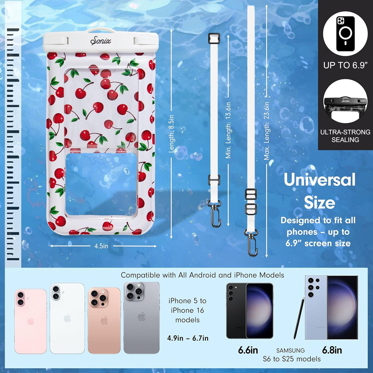 Sonix Waterproof Phone Pouch - Floating Phone Case Dry Bag w/Crossbody Lanyard - Beach Cruise Travel Essentials - Compatible w/All Devices, Touchscreen Friendly | Cherry on Top