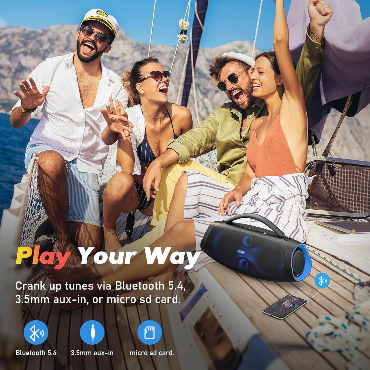 DOSS Extreme Boom Pro D200 240W Peak Outdoor Speaker, Punchy Bass, 26H Playtime, Beat-Synced Light, BT5.4, Stereo Pairing, IPX6 Waterproof for Camping, Beach, Tailgate Party-Blue