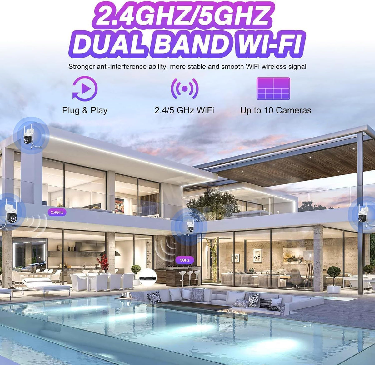 CKK Wireless Security Camera System: 4 Outdoor 5MP PTZ Cameras with 5G/2.4G WiFi,10 CH NVR, 4K Color Night Vision, 2-Way Audio- AI Human Detection,24/7 Surveillance for Total Home Protection (No HDD)