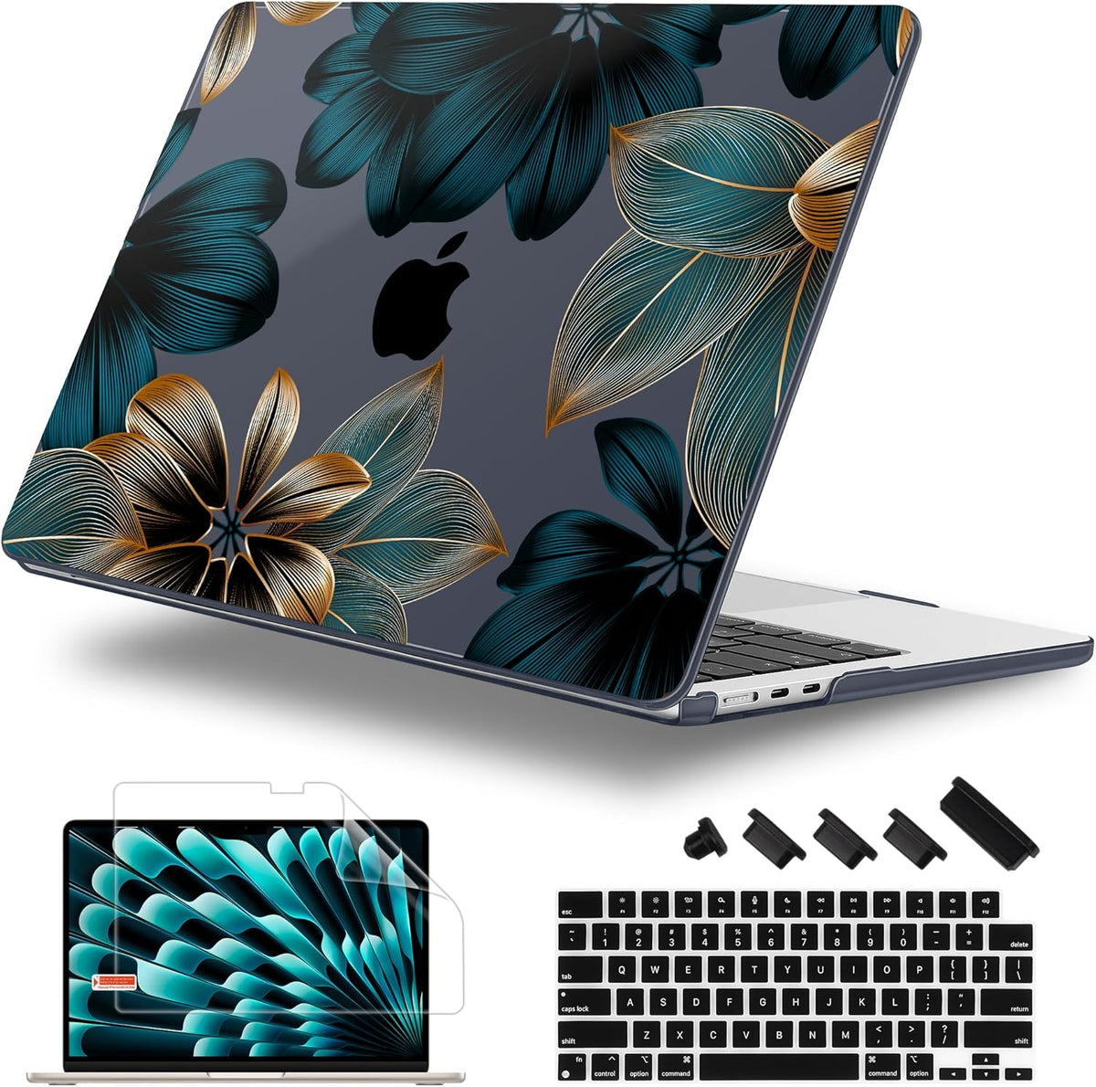 Case for MacBook Air 15 Inch 2025 2024 2023 Release M4 A3241 M3 A3114 M2 A2941, Hard Shell with Screen Protector & Keyboard Cover, Compatible with Touch ID - Leaves