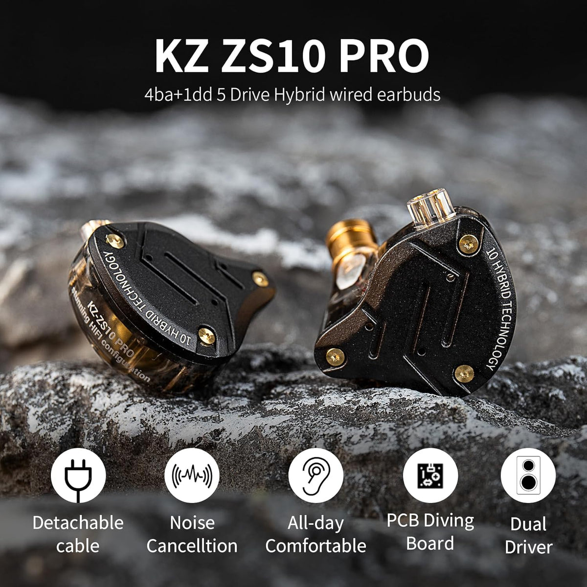 KZ ZS10 Pro in Ear Monitor, IEM Earbuds Headphone, Gaming Earbuds with 4BA and 1DD Drivers, KZ HiFi IEM Earphone Upgraded ZS10 with Detachable 0.75mm 2 Pin 6N OFC Cable (Black No Mic)
