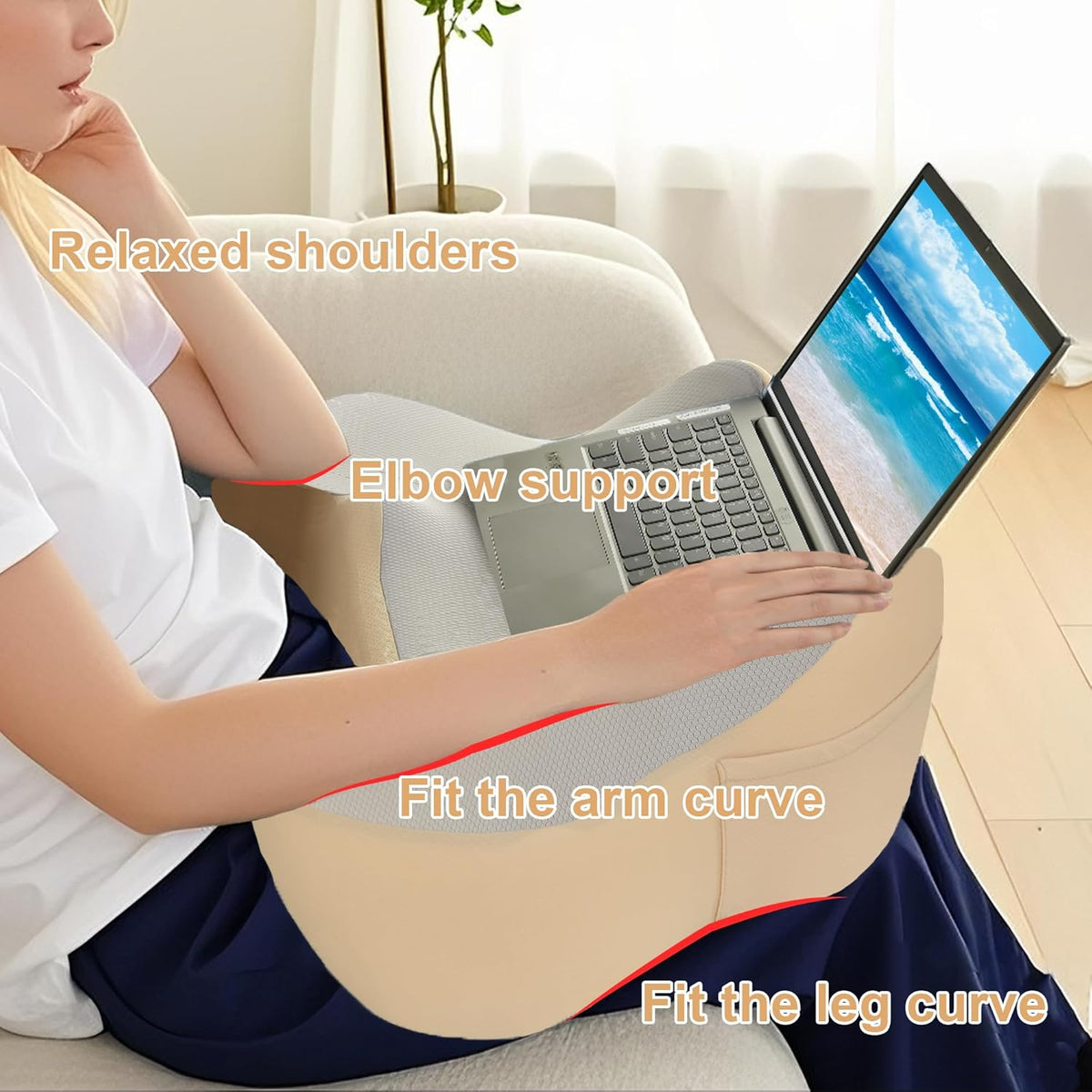 XWZO Laptop Lap Desk with Cushion, Ergonomic Wrist Rest Home Office Laptop Desk, Portable Memory Foam Arm Rest Gaming Pillow, Work or Sleep Pillow Stand for Bed, Eye Mask Included, Beige
