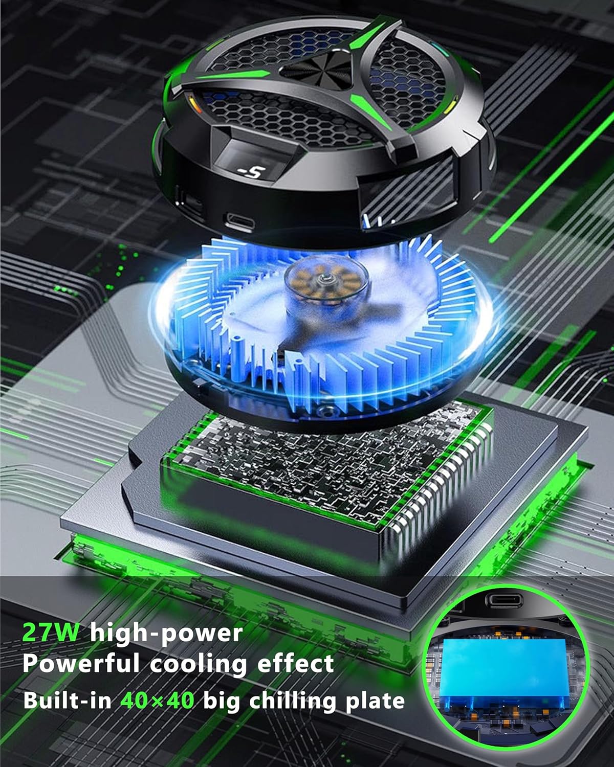 Magnetic Cooler for iPad,Tablet Cooler for ipad/Surface pro/Samsung Tab,Universal Radiator with Temperature Display for Mobile Gaming,Tiktok Live Streaming (Green Mech)