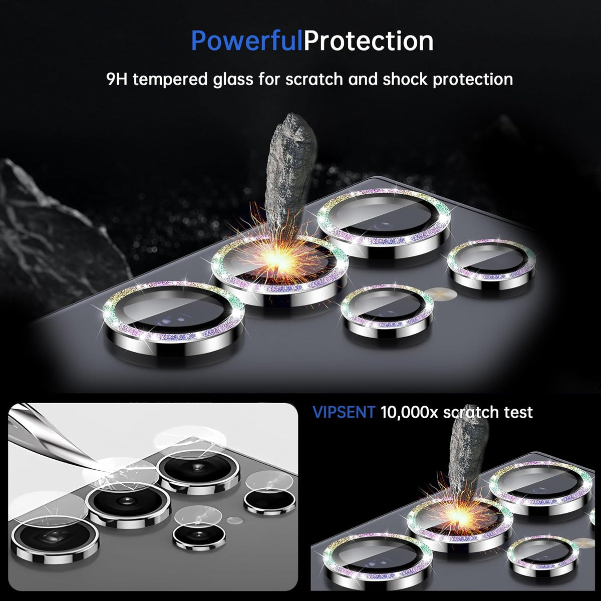 For Samsung Galaxy S24 Ultra Camera Lens Protector, Individual Lens Protector, Ultra HD 9H Tempered Glass Screen Protective Cover, Anti-scratch, Military Grade Drop Protection 2 Set. (Glitter Colorful, S24 Ultra)