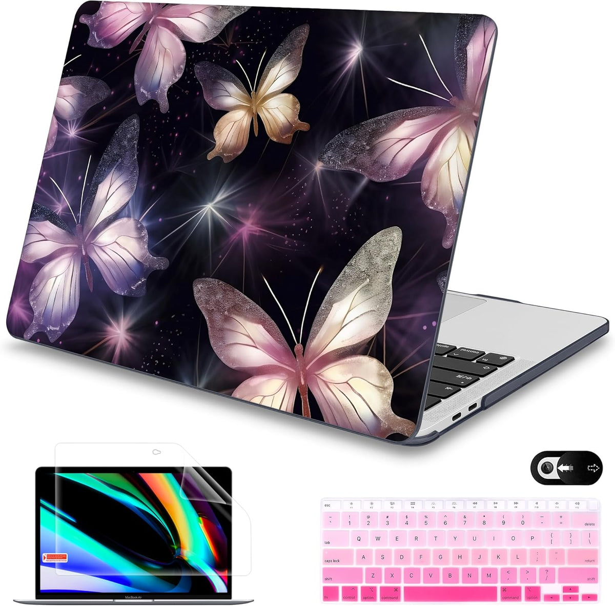 Mektron for MacBook Air 13 Case A1466/A1369 (2010-2017 Release), Snap-on Plastic Hard Shell Cover for MacBook Air 13.3 inch with Keyboard Cover, Glittering Butterfly